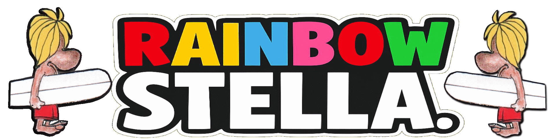 Rainbow Stella.のロゴマーク。虹、波、星をモチーフにした円形デザインで、天使のサーファーをイメージしたサーフ系ポップアートブランドの象徴。自然や光、心の中の虹を感じさせ、見る人をやさしく物語の世界へ導く。