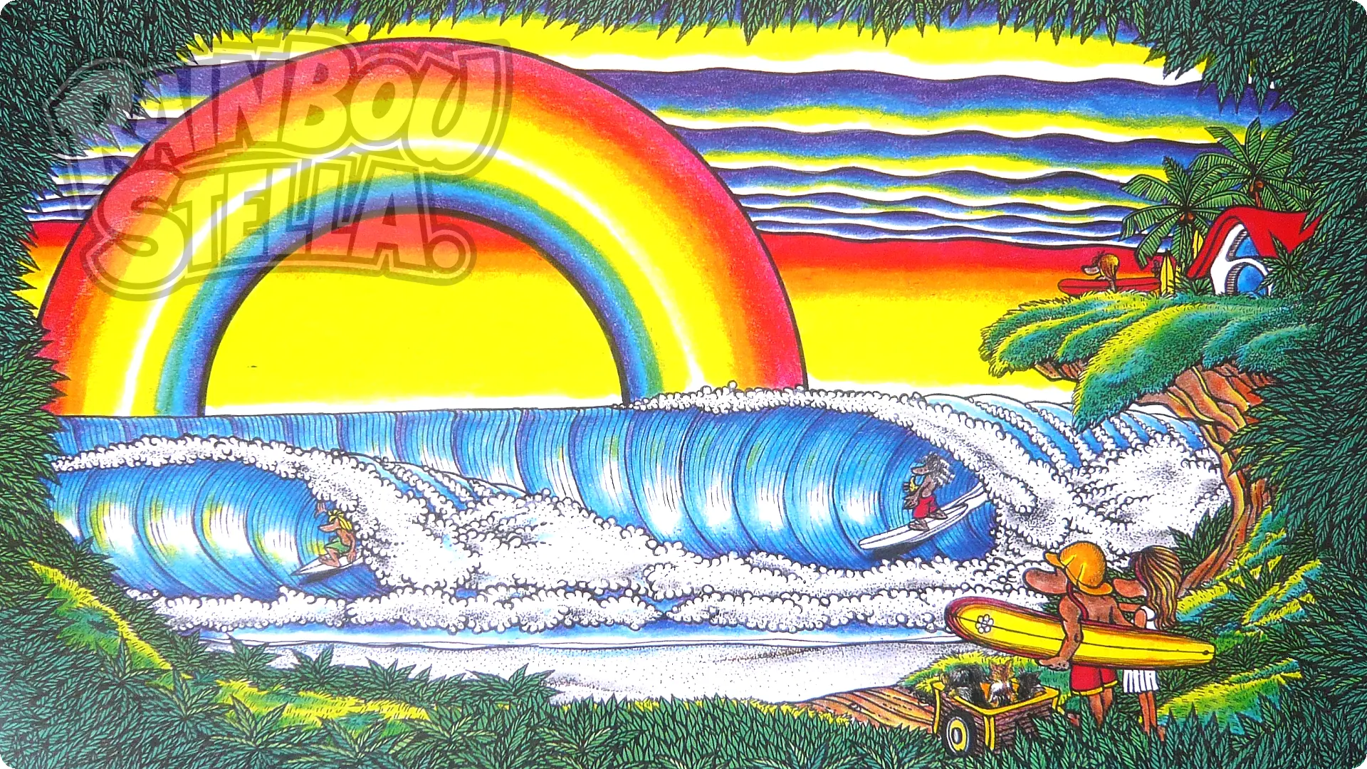 Surf art illustration of a perfect peeling wave discovered on a surf trip under a glowing rainbow sky – Rainbow Stella.