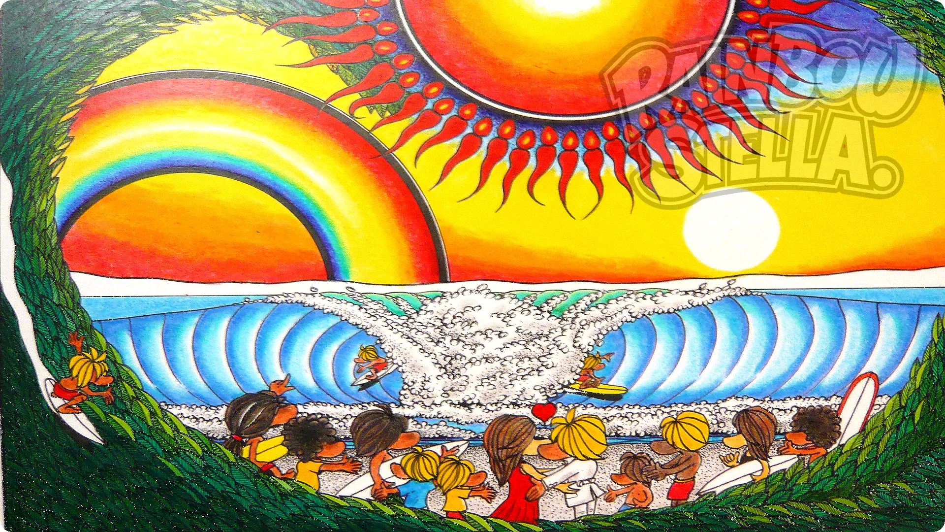 Surf wedding pop art illustration blessed by surfers, waves, and rainbows celebrating love and ocean harmony – Rainbow Stella.