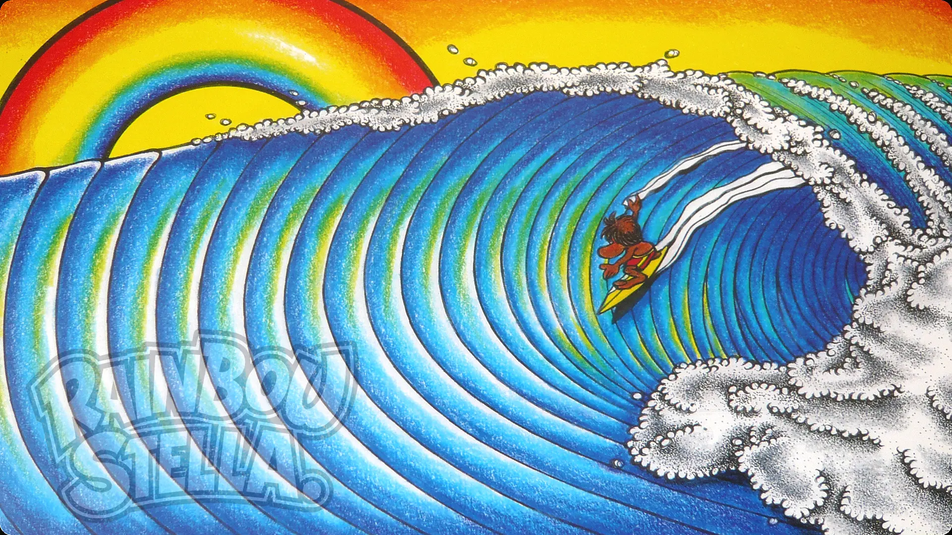 Surf pop art illustration inspired by Big Wednesday, showing a surfer overcoming inner fear while riding a powerful wave beneath a rainbow – Rainbow Stella.