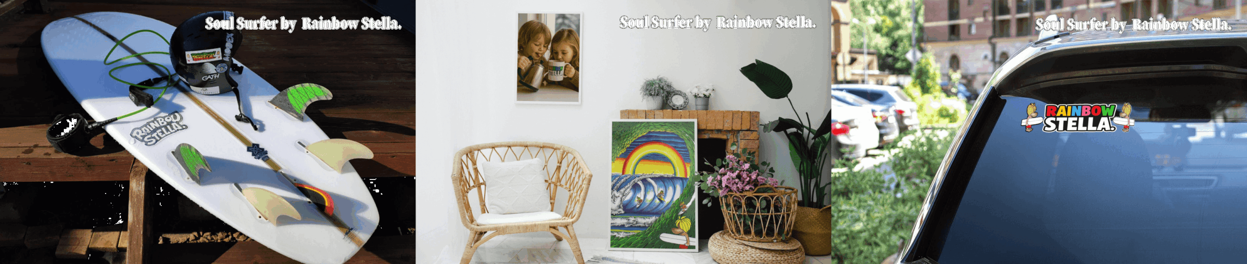 Rainbow Stella is a surf pop art brand inspired by waves, rainbows, and angels. This artwork shows how surf-inspired art naturally fits into daily life, interiors, and lifestyle scenes.